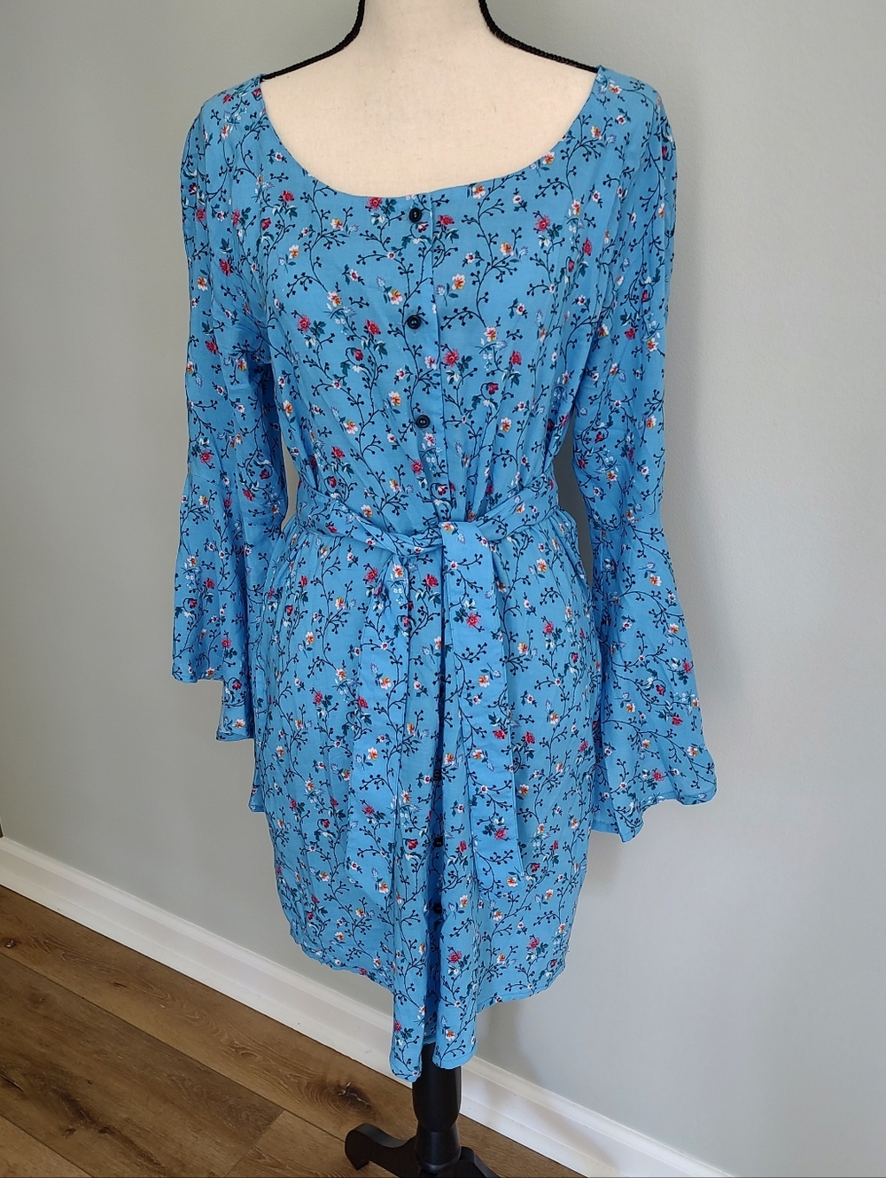 Christopher Fallon Fairycore Bell Sleeve Floaty Floral Blue Dress